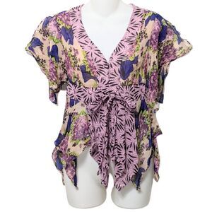 NANETTE LEPORE Silk Floral Sharkbite Hem Flutter Blouse 6